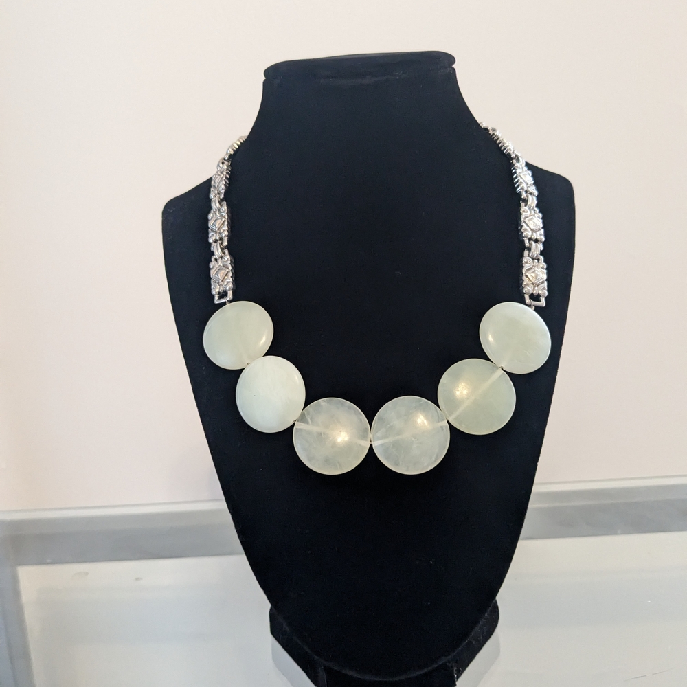 Handmade Silver Colored Green Jade Like Stone Beaded Upcycled Necklace